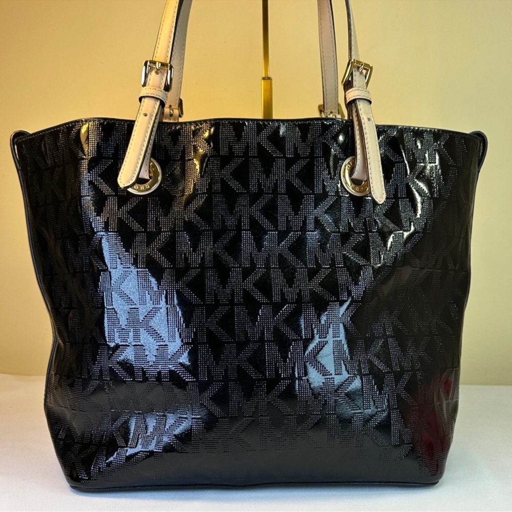 Michael Kors Jet Set Black Patent Monogram Large Tote Bag